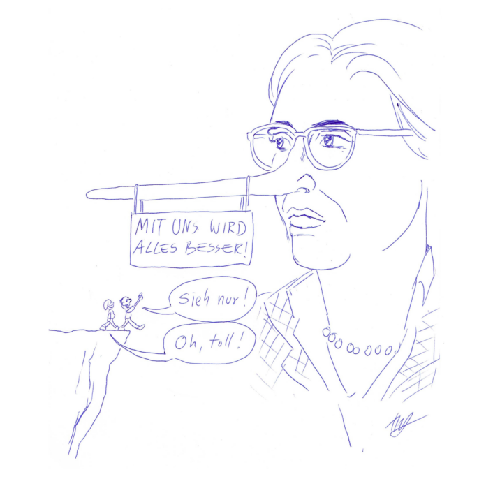 Eine überdimensionierte Frauenfigur, blond, mit Brille und extra langer Pinocchio-Nase, steht in der Landschaft. An ihrer Pinocchio-Nase hängt ein Schild mit der Aufschrift 