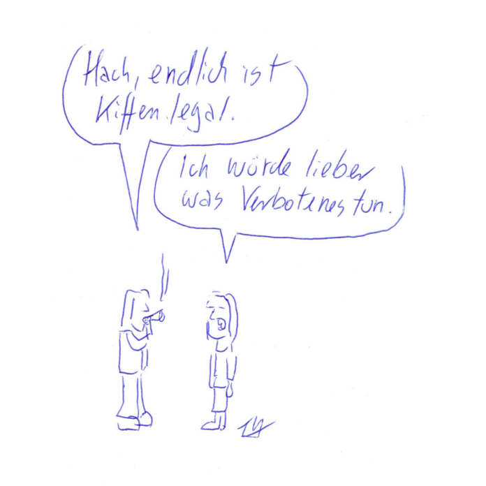 37_Kiffen Auf der Zeichnung sind zwei Figuren zu sehen. Eine raucht einen Joint und sagt: