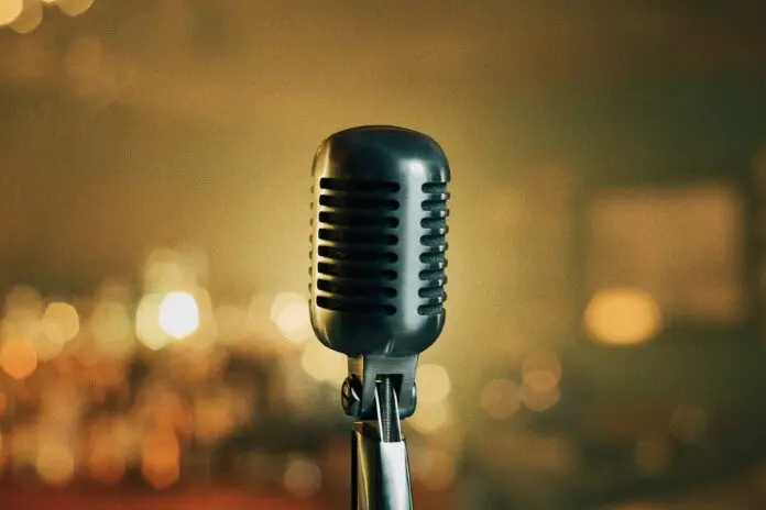 Ein Mikrofon im Vordergrund und unscharfe Menschenmenge im Hintergrund.