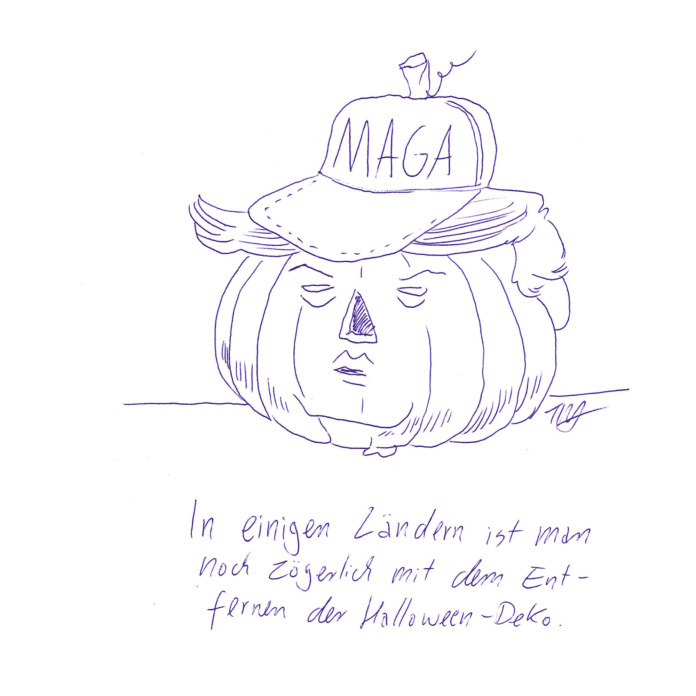 Auf der Zeichnung ist ein Kürbis mit Grimassengesicht, Haarschopf und Baseball-Cap abgebildet. Darunter steht geschrieben: „In einigen Ländern ist man noch zögerlich mit dem Entfernen der Halloween-Deko.“