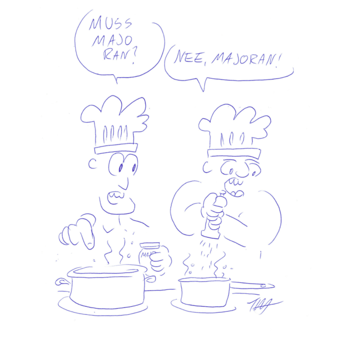 Auf der Zeichnung stehen zwei Köche vor dem Herd und kochen. Der eine fragt den anderen: „Muss Majo ran?“ Der andere antwortet: „Nee, Majoran!“