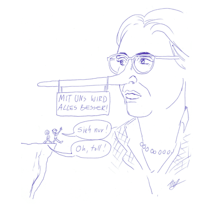 Eine überdimensionierte Frauenfigur, blond, mit Brille und extra langer Pinocchio-Nase, steht in der Landschaft. An ihrer Pinocchio-Nase hängt ein Schild mit der Aufschrift 