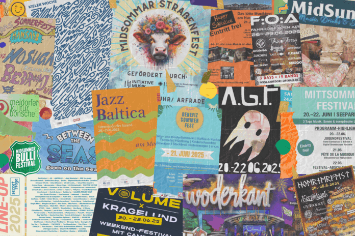 Das ist los in SH. Sammlung aus Festivalplakaten für die zweite Junihälfte.