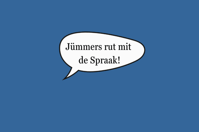 Auf dem Bild ist eine Sprechblase abgebildet. Darin steht auf Plattdeutsch: 