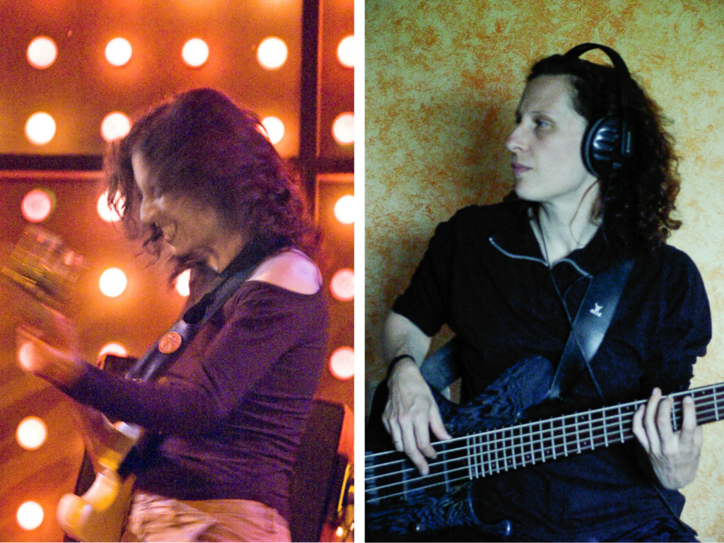 Das linke Bild zeigt Susanne Vogel Bass spielend bei einem Gig mit Soulounge im Hamburger Mojo Club (2008). Das rechte Bild zeigt Susanne Vogel Bass spielend bei Studioaufnahmen (2004).