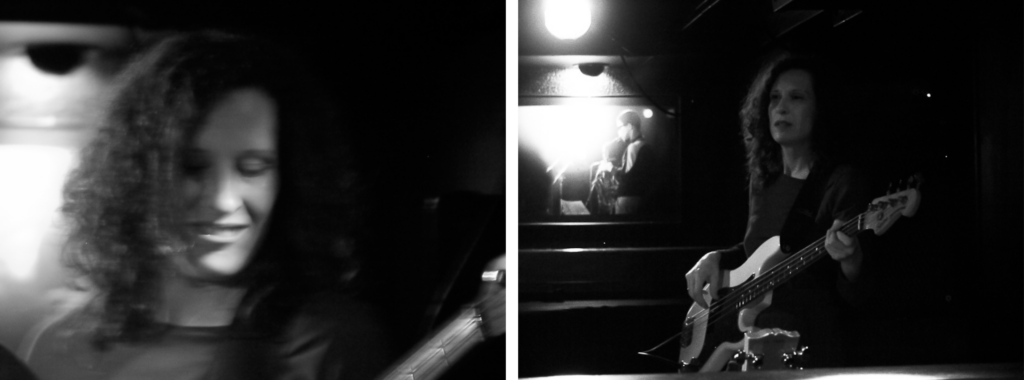 Auf beiden Bildern spielt Susanne Vogel Bass.